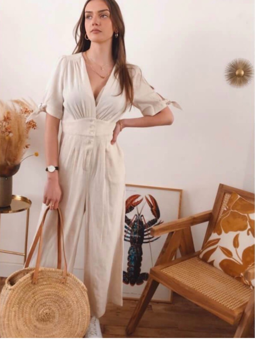 FRNCH MAELA JUMPSUIT - Cream V-Neck Wide-Leg Jumpsuit French Blossom